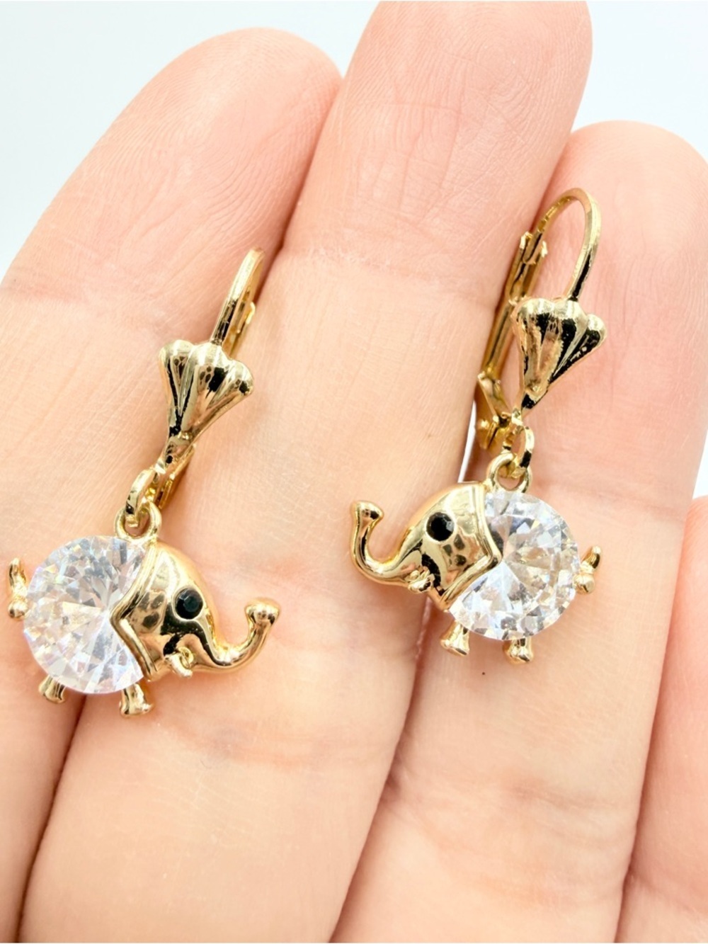 Gold Elephant CZ Crystal Charm Drop Earrings